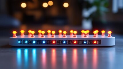 Wireless router with glowing LED indicators on white