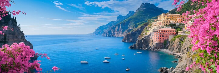 Mediterranean, coastal town, panoramic view, nature background, seaside village, scenic landscape, coastal scenery, sea view, ocean coastline, waterfront town, European coast, travel destination, 