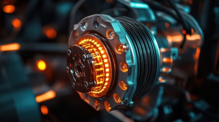 Electric alternator operating in a dimly lit, shadowy environment, showcasing intricate mechanical details.