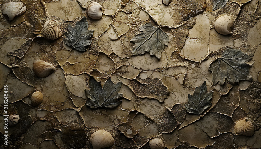 Aufkleber an abstract pattern resembling fossilized imprints of leaves and shells, rendered in muted earthy to