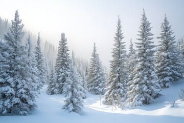 Fototapeta premium A serene snow-covered forest with frosty pine trees standing in harmony.