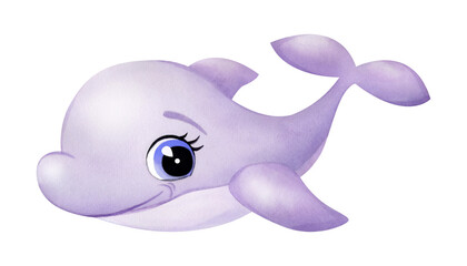 Cute little lilac dolphin big-eyed. Kids watercolor isolated illustration. Hand drawn happy smiling sea character for invitation, postcard, baby shower, nautical and marine designs.