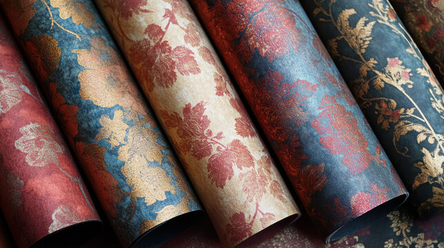 Fototapeta A vibrant collection of decorative wallpaper rolls featuring intricate floral patterns in rich red, gold, and blue hues, ideal for interior design inspiration
