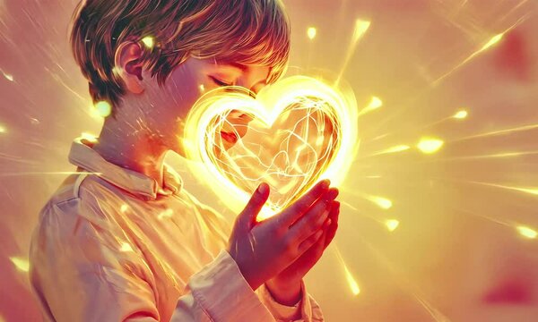 Boy with energy heart, love concept.