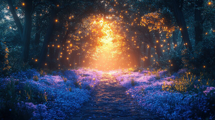 Fototapeta premium Enchanted forest pathway illuminated by fireflies mystical nature scene dreamy twilight environment