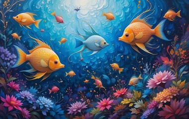 An abstract oil painting of a colorful underwater world with fish swimming