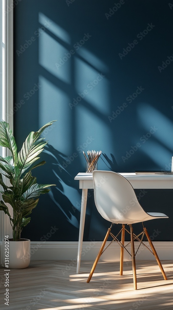 Poster a cozy workspace features a sleek white desk and chair illuminated by sunlight filtering through a w