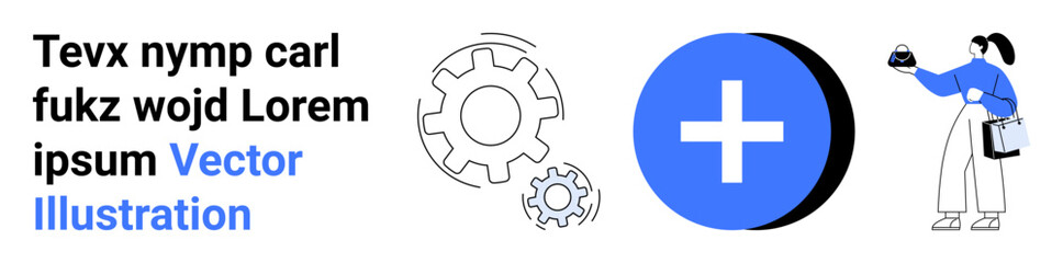 Blue cross icon with surrounding gears, modern woman holding an item, clean and modern design. Ideal for healthcare, teamwork, repair, balance, innovation, productivity flat landing page banner