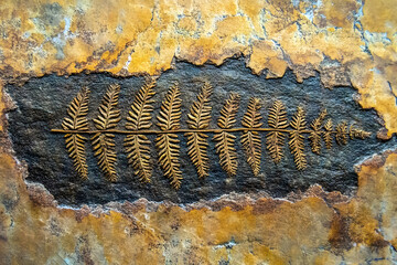 Close up of fossil ferns petrified in a stone slab