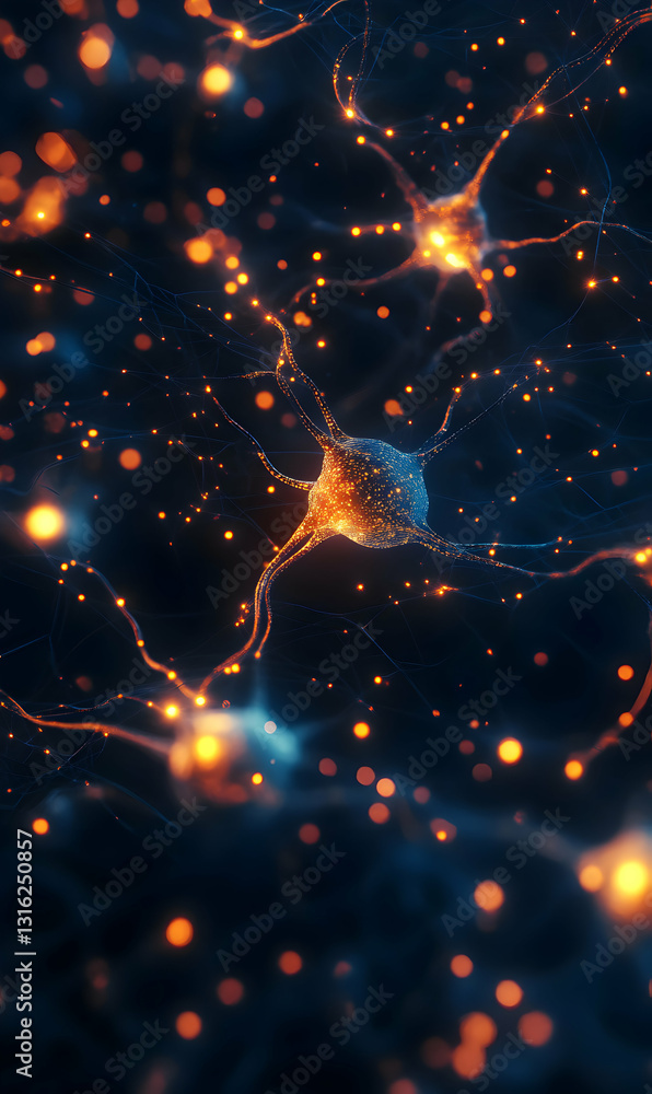 Poster complex neural network visualization depicting synaptic connections and neuron communication