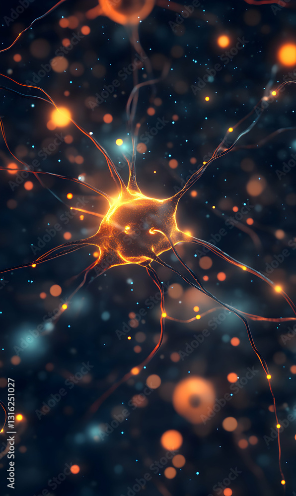 Poster abstract neuron cell network with glowing connections in dark space, artistic rendering
