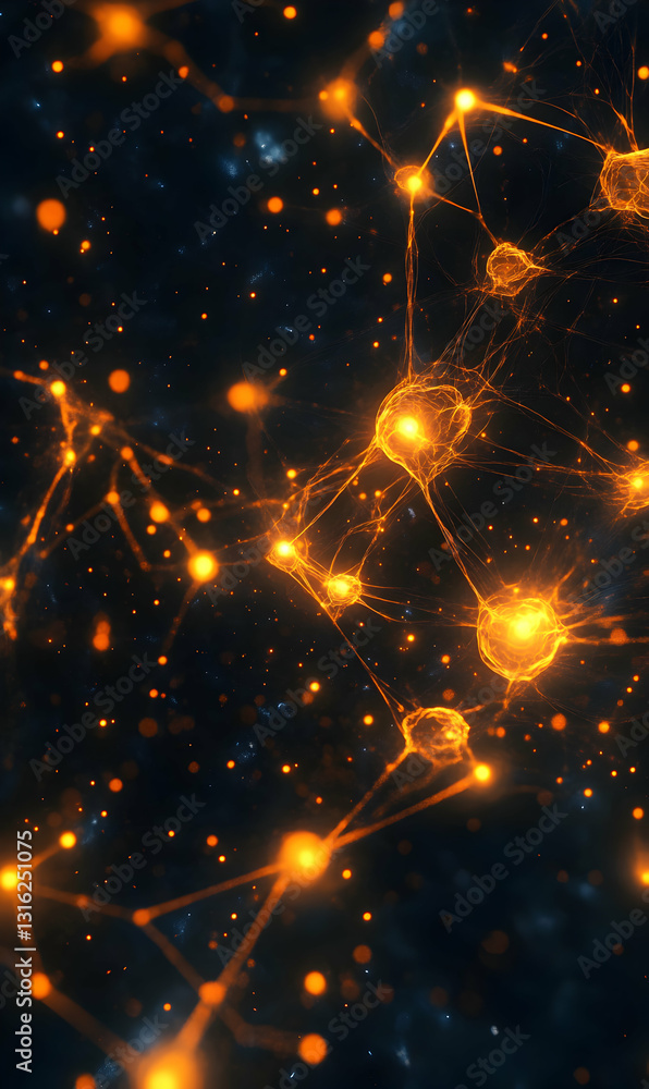Poster interconnected neural network glowing on dark background, illustrating data connection