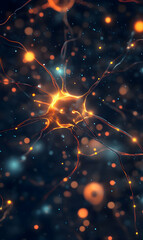 Abstract neuron cell network with glowing connections in dark space, artistic rendering
