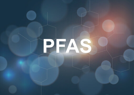 PFAS Chemical Structure Abstract Background. PFAS chemicals with molecular hexagonal structures and glowing bokeh lights on a dark gradient background. PFAS concept. Vector illustration