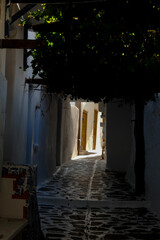 Narrow alley with tunnel and with whitewashed walls and stone pavement leading to a courtyard in the Greek Islands, Greece