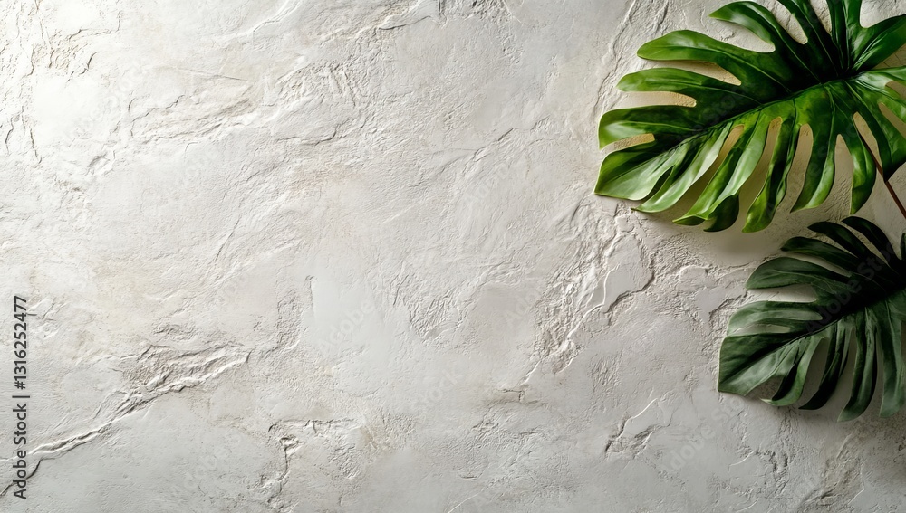 Poster the flat lay of a summer minimal background with monstera leaves offers a space for adding text, see
