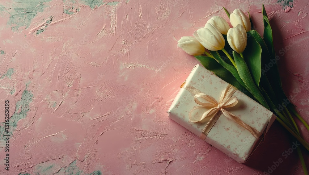 Poster image captured from the top showing stylish gift boxes with ribbon bows and tulips set against a sof