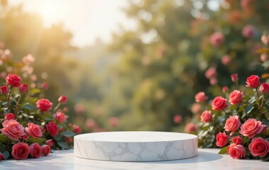 A blank white space with a podium of roses and a blurred nature background