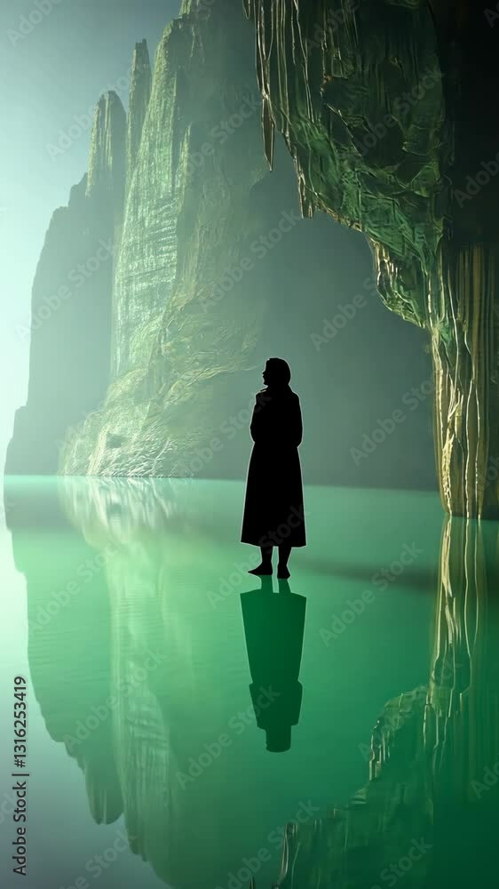 Poster reflection and solitude in a mystical cave with emerald waters surrounded by towering cliffs