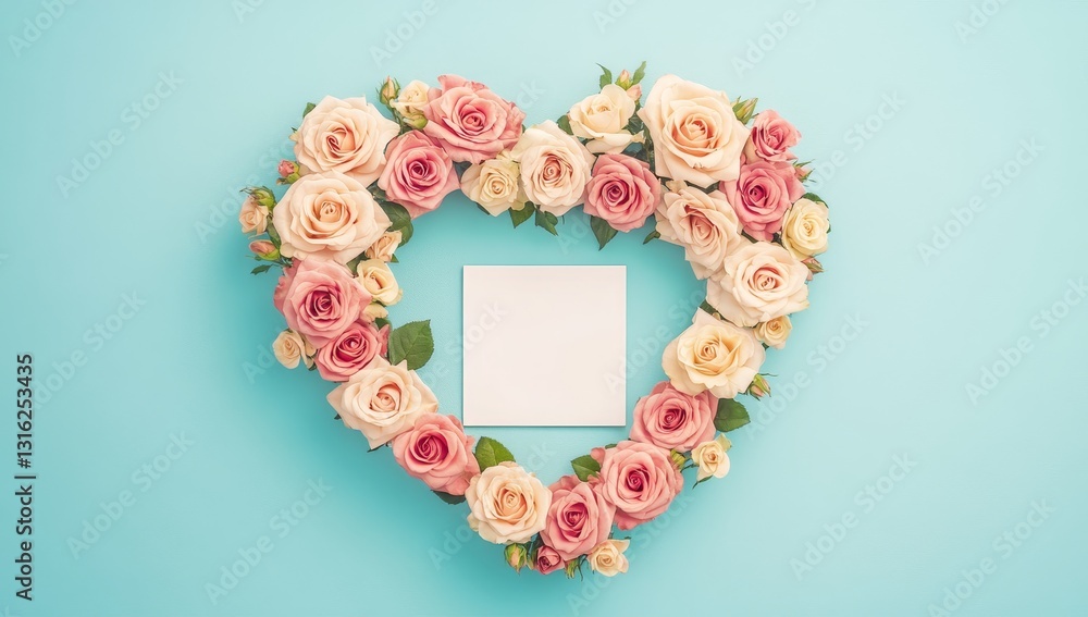 Poster the image depicts a beautiful arrangement of rose flowers from above, set against a soft blue backgr