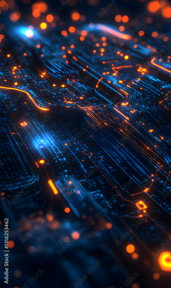 Poster abstract digital motherboard design with illuminated circuit pathways and glowing nodes