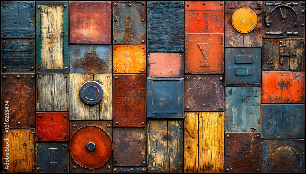 Poster colorful rusty metal and wood panels create a textured, abstract composition. various shapes and pat