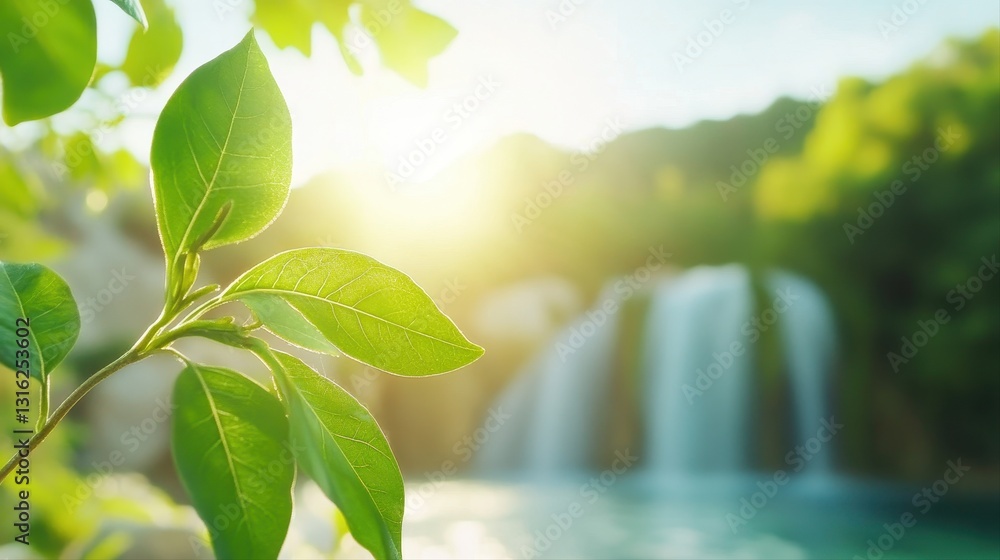 Poster serene waterfall cascading over rocks creating a refreshing atmosphere surrounded by lush greenery i
