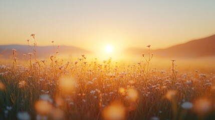Soft rays of sunlight illuminate a vibrant meadow, where wildflowers bloom in delicate hues. The mist rises as day breaks, painting a breathtaking landscape of serenity