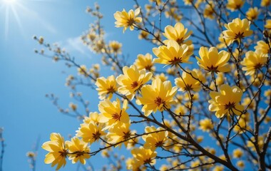 A close-up of bright yellow flowers against a blue sky background