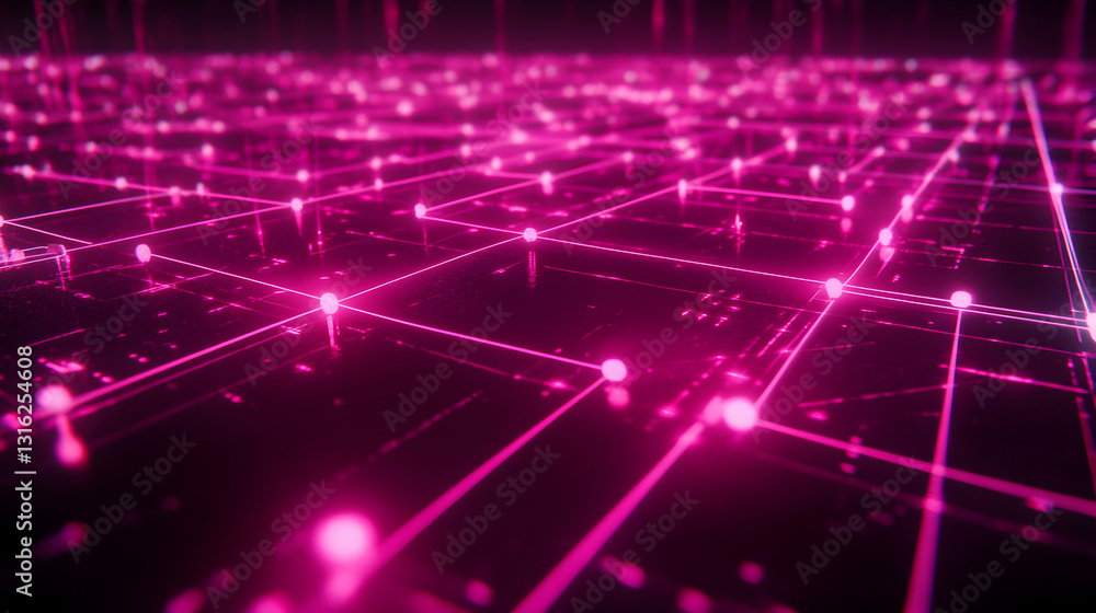 Poster futuristic pink network grid connecting nodes, represents data flow and interconnectivity