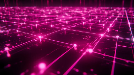 Futuristic Pink Network Grid Connecting Nodes, Represents Data Flow and Interconnectivity