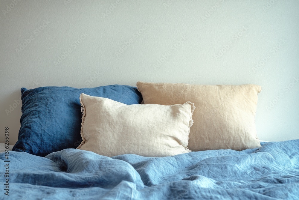 Poster three linen pillows with frayed edges rest on a bed covered in soft textiles, creating a cozy and in