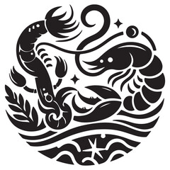 sea food icon vector silhouette. Abstract shapes of shell, mollusk, mussels, octopus, squid, crab, starfish.