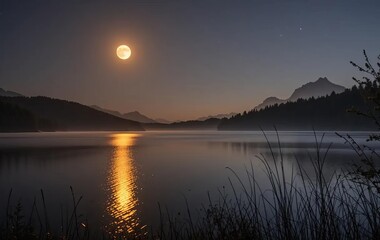 Obraz premium A full moon reflecting on a calm lake with a dark forest in the background