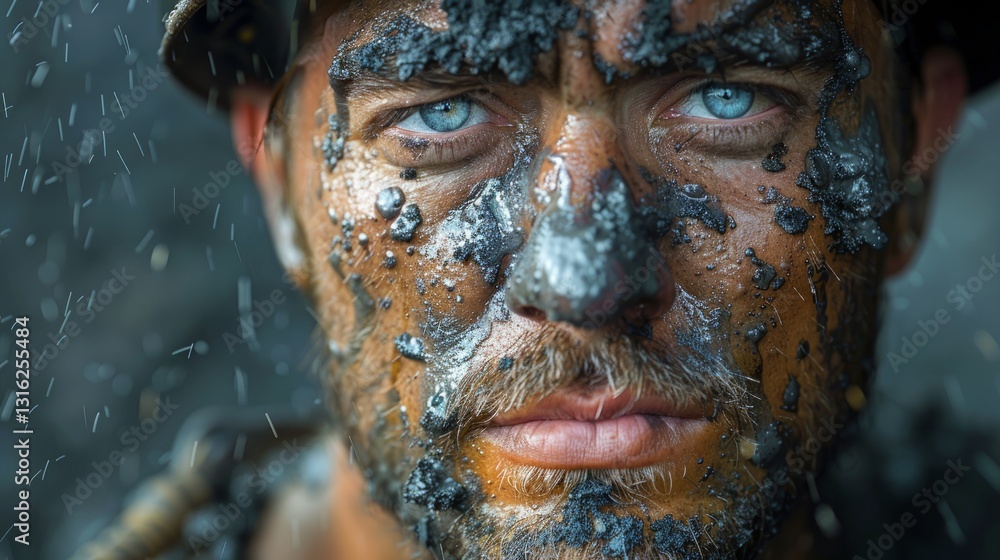 Poster closeup portrait of a miner with a determined expression covered in sweat and coal dust