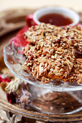 Flapjack cookies with seeds on the table.