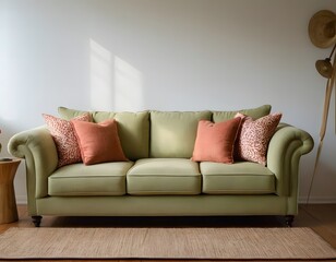 modern living room with green sofa & pillows natural sunlight in the room