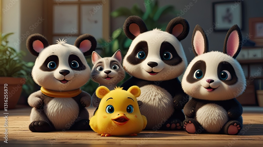 Poster five adorable animated characters including pandas a rabbit a kitten and a duckling smile together i