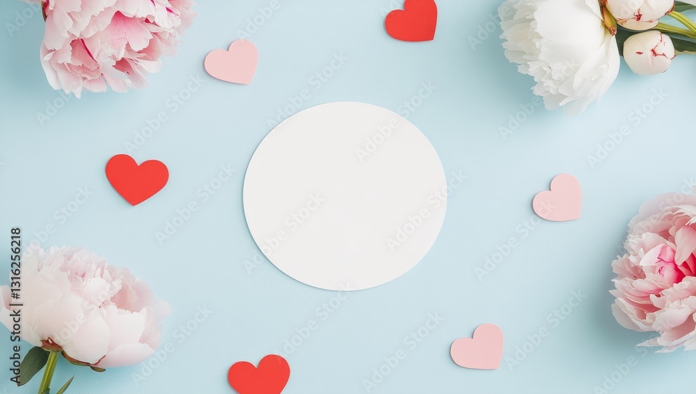 Poster a pink background serves as the backdrop for a white empty circle and an assortment of spring flower