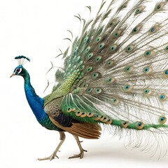 Obraz premium Majestic Indian Peacock Displaying Vibrant Plumage Isolated on White Background