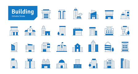 Buildings Blue Line Editable Stroke Icons Set. Real Estate, House, Home, Apartment, Condominium, Hotel, Mall, City, Cityscape, Town, Downtown, Museum. Architecture Buildings Icons Vector Illustration