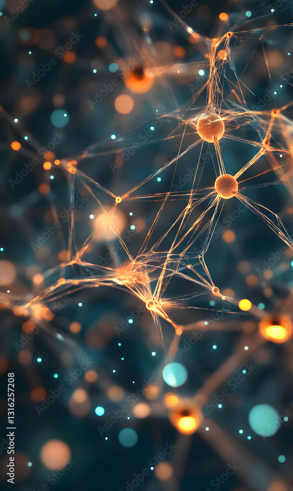 Poster neural network connection illustration showing complex technology in glowing orange hue