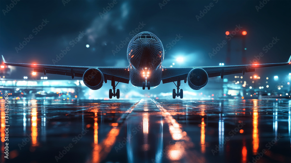 Poster hyperrealistic 3d wireframe of an airplane taking off at an airport in a night setting with a wide a