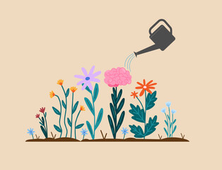 human brain growing flower watering can pouring water on the mind mental health concept positive attitude creative thinking illustration © SachiDesigns