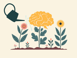 human brain growing flower watering can pouring water on the mind mental health concept positive attitude creative thinking illustration