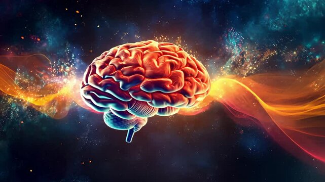 Vivid brain floating in colorful cosmic space with trails of light swirling around it.