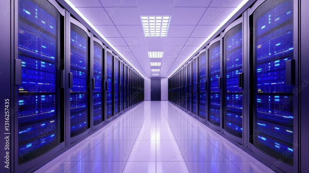 Poster a modern data center featuring rows of blue-lit server racks in a sleek, high-tech environment.
