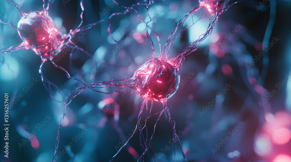 Poster neural network illustration representing synaptic connections and communication processes