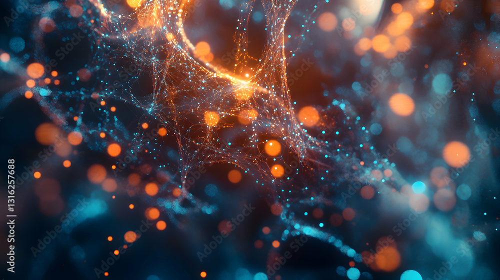 Poster abstract digital data visualization with glowing dots and lines complex networking shape