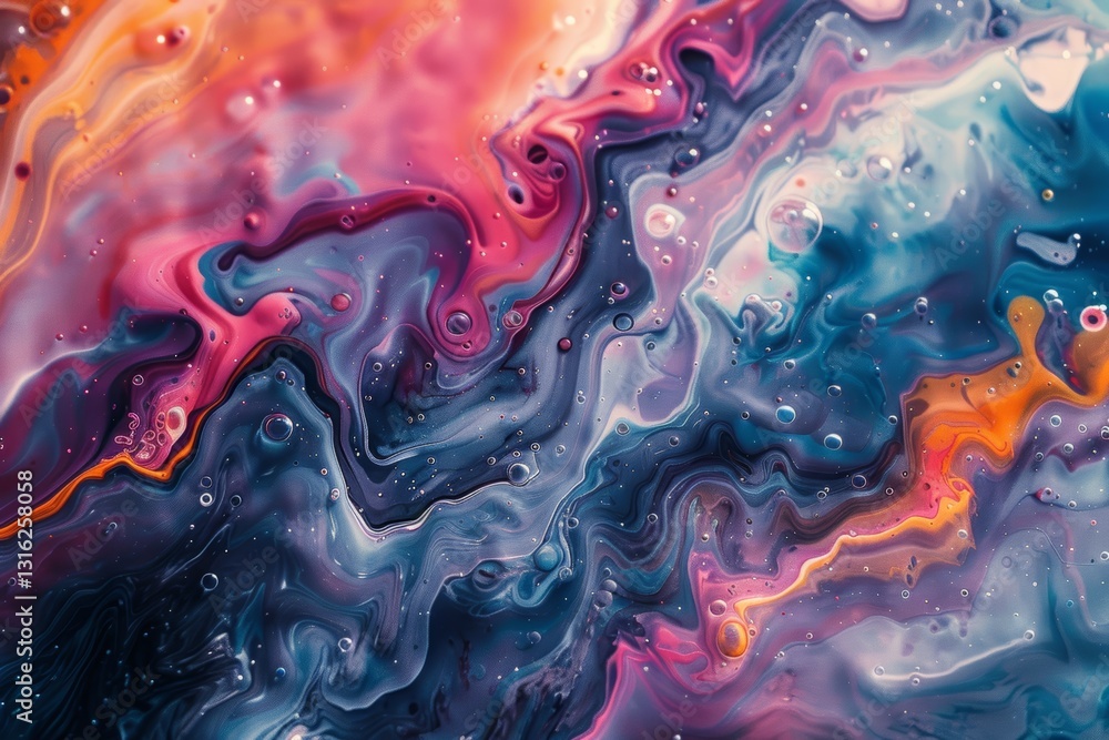 Poster colorful abstract liquid paints blending together in a smooth and dynamic flow of vibrant colors and